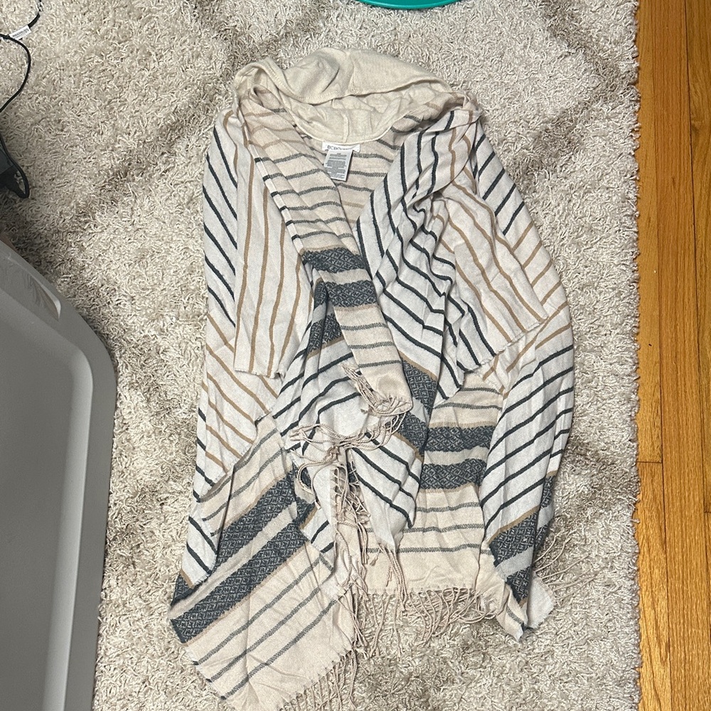 BCBGeneration Cream and Gray Striped Poncho